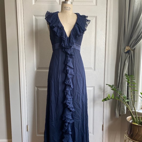 Marchesa Notte Navy Blue Halter Gown Silk Ruffle Maxi Size 10 Party Gala Glam